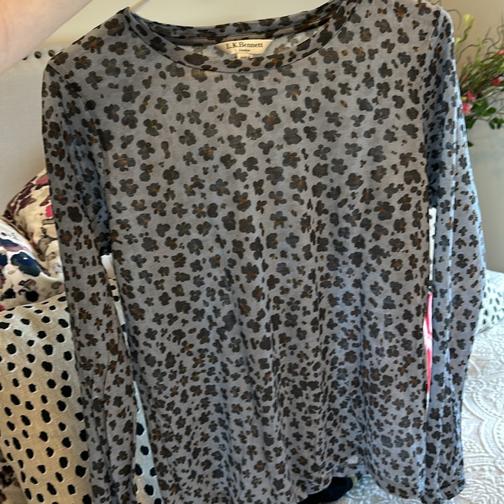 L.K. Bennett TJ Kyra pale blue animal print floral top size Medium